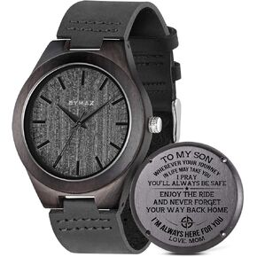 BYMAX Wooden Watch with Black Leather Strap, Unique Wood Pattern Dial