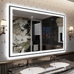 LED Bathroom Mirror 48x32- Lighted Vanity Mirror with Backlit and Front Light, Framed Dimmable Illuminated Mirror for Wall, Anti-Fog, Shatterproof, Memory, 3 Colors (Horizontal/Vertical)