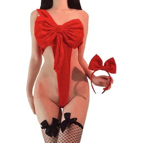 Women's Sexy Unwrap Me Lingerie Big Bow Teddy Velvet One Piece Bodysuit for Ladies Valentine Christmas Outfit