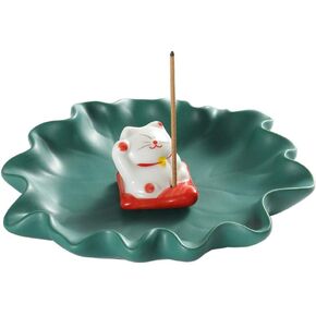 Sizikato Cute Lucky Cat Incense Burner Incense Stick Holder with Lotus Leaf Tray.
