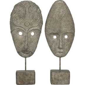 Deco 79 Polystone Mask Handmade Decorative Sculpture Carved Home Decor Statues, Set of 2 Accent Figurines 5"W, 15"H, Gray