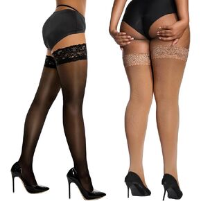 DORALLURE 2 Pairs Thigh High Stockings for Women, Silicone Lace Top Stay Up, Silky Semi Sheer Pantyhose for Women