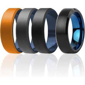 ROQ Silicone Rubber Wedding Ring for Men, Rubber Silicone Wedding Band, Comfort Fit, Tungsten Carbide & Beveled Brushed Top Silicone Ring Set, 8mm Wide 2mm Thick, 4 Pack, Multi Colors