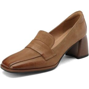 TinaCus Women's Square Toe Genuine Leather Handmade Mid Chunky Heels Slip On Vintage Pumps Shoes