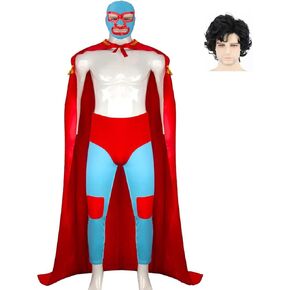 Mexican Wrestler Costume Adult Men Red Long Cloak Full Set with Mask Wig