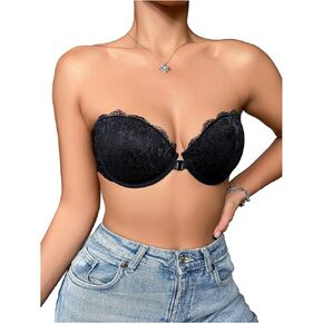 Milumia Women Lace Strapless Push Up Bra Front Closure Bandeau Unpadded Lingerie Bra