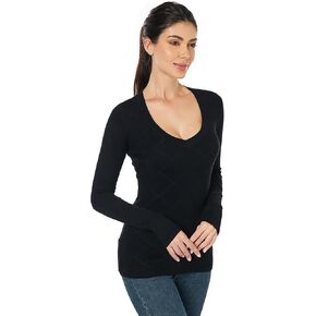 AmélieBoutik Women Crew Neck Knit Front Plaid Long Sleeve Slim Fit Sweater Top