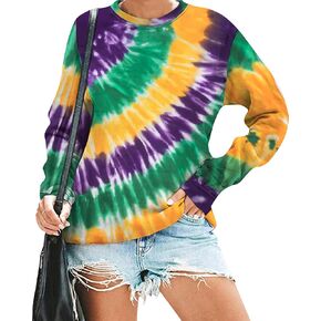 Mardi Gras Sweatshirt for Women Carnival Party Shirt Fat Tuesday Sweater Funny Holiday Tie Dye Long Sleeve Tops