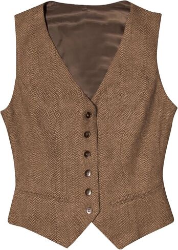 Tuikayoo Womens Herringbone tweed Sleeveless Slim Fit Button Down Top V Neck Outerwear Waistcoat Vest in Kuwait
