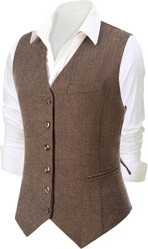 Tuikayoo Womens Herringbone tweed Sleeveless Slim Fit Button Down Top V Neck Outerwear Waistcoat Vest in Kuwait