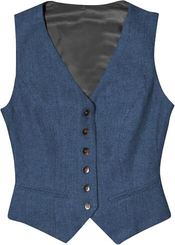 Tuikayoo Womens Herringbone tweed Sleeveless Slim Fit Button Down Top V Neck Outerwear Waistcoat Vest in Kuwait