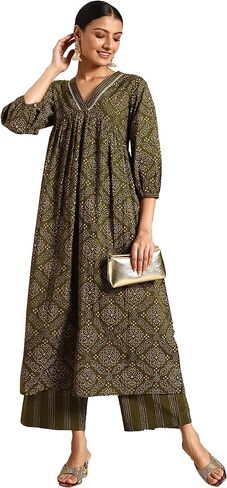 كورتا نسائية من Janasya Indian مصنوعة من القطن باللون الأخضر الزيتوني مطبوعة مع Palazzo in Kuwait