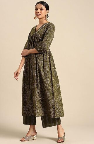 كورتا نسائية من Janasya Indian مصنوعة من القطن باللون الأخضر الزيتوني مطبوعة مع Palazzo in Kuwait