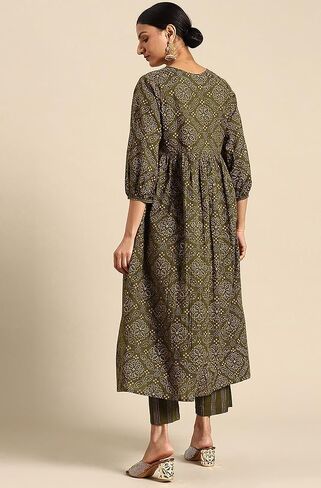 كورتا نسائية من Janasya Indian مصنوعة من القطن باللون الأخضر الزيتوني مطبوعة مع Palazzo in Kuwait