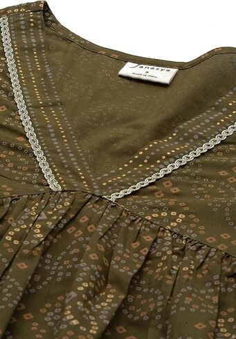 كورتا نسائية من Janasya Indian مصنوعة من القطن باللون الأخضر الزيتوني مطبوعة مع Palazzo in Kuwait