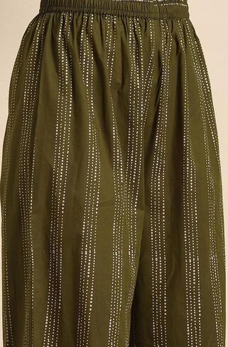 كورتا نسائية من Janasya Indian مصنوعة من القطن باللون الأخضر الزيتوني مطبوعة مع Palazzo in Kuwait