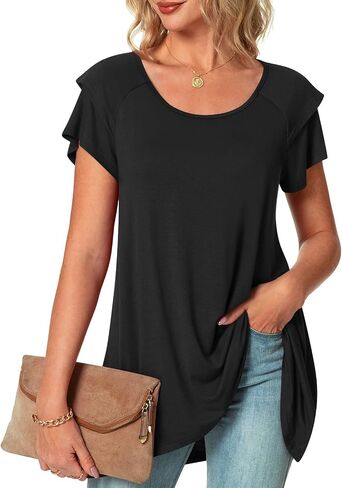 POPYOUNG Women's Summer Ruffle Short Sleeve T-Shirt Casual Crewneck Tunic Tops for Leggings Loose Blouse in Saudi Arabia