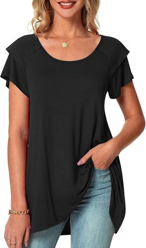 POPYOUNG Women's Summer Ruffle Short Sleeve T-Shirt Casual Crewneck Tunic Tops for Leggings Loose Blouse in Saudi Arabia