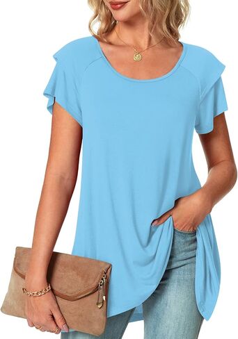 POPYOUNG Women's Summer Ruffle Short Sleeve T-Shirt Casual Crewneck Tunic Tops for Leggings Loose Blouse in Saudi Arabia