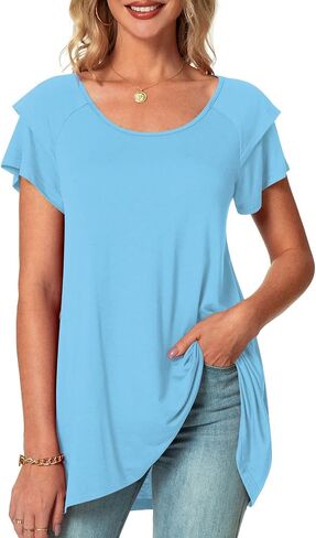 POPYOUNG Women's Summer Ruffle Short Sleeve T-Shirt Casual Crewneck Tunic Tops for Leggings Loose Blouse in Saudi Arabia