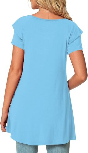 POPYOUNG Women's Summer Ruffle Short Sleeve T-Shirt Casual Crewneck Tunic Tops for Leggings Loose Blouse in Saudi Arabia
