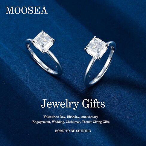 MOOSEA Moissanite Rings for Women, 2ct D Color VVS1 Clarity Asscher Cut Solitaire Lab Created Moissanite Ring 14K White Gold Vermeil 925 Sterling Silver Moissanite Engagement Rings for Women Size 4-11 in Saudi Arabia