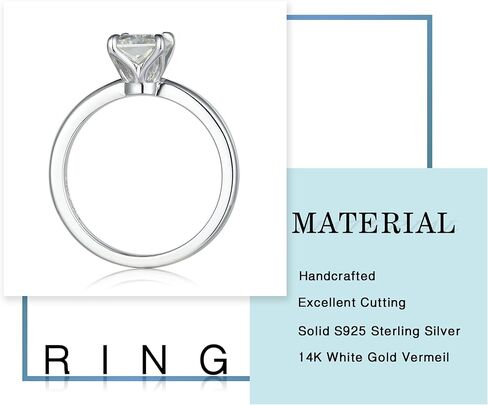MOOSEA Moissanite Rings for Women, 2ct D Color VVS1 Clarity Asscher Cut Solitaire Lab Created Moissanite Ring 14K White Gold Vermeil 925 Sterling Silver Moissanite Engagement Rings for Women Size 4-11 in Saudi Arabia