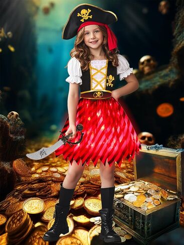 Girls Pirate Costume LED Red Light Buccaneer Princess Dress for Girls Halloween party in Kuwait