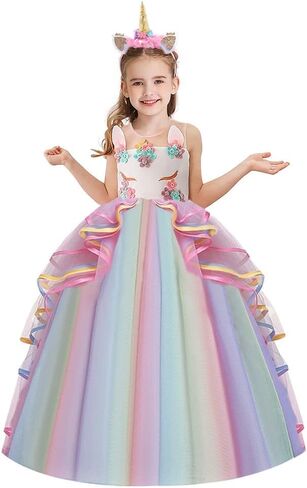Girls Unicorn Costume Pageant Princess Birthday Christmas Party Long Maxi Tulle Halloween Fancy Dress w/Headband in Saudi Arabia