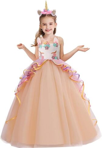 Girls Unicorn Costume Pageant Princess Birthday Christmas Party Long Maxi Tulle Halloween Fancy Dress w/Headband in Kuwait