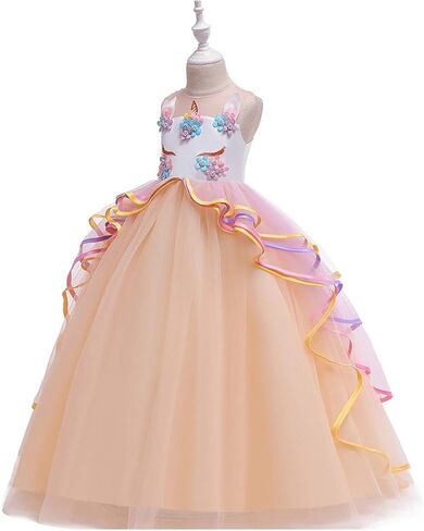Girls Unicorn Costume Pageant Princess Birthday Christmas Party Long Maxi Tulle Halloween Fancy Dress w/Headband in Kuwait