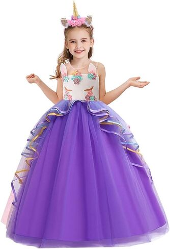 Girls Unicorn Costume Pageant Princess Birthday Christmas Party Long Maxi Tulle Halloween Fancy Dress w/Headband in Saudi Arabia