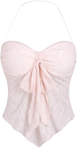 SHENHE Women's Floral Lace Halter Top Backless Tie Front Bow Top Asymmetrical Crop Top in Saudi Arabia