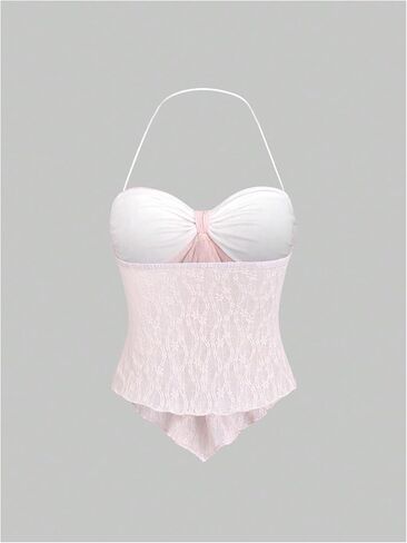 SHENHE Women's Floral Lace Halter Top Backless Tie Front Bow Top Asymmetrical Crop Top in Saudi Arabia