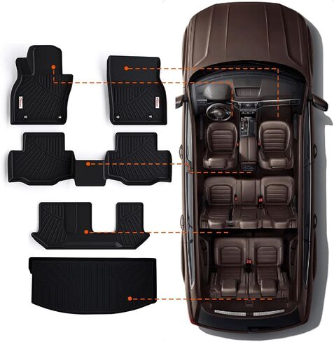 Tesson Floor Mats Accessories 3 Row Liners Set &Cargo Liners Custom Fit for 8 Seats 2024 2025 Mazda CX-90&CX90 PHEV with 2nd Row Bench Seats,All Weather Guard TPE Car Mats & Rear Trunk Mats in Saudi Arabia