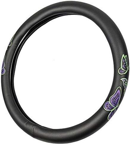 قبضة مريحة من BDK GripGrab - فراشات أرجوانية وخضراء على غطاء عجلة القيادة من الجلد الصناعي الأسود مقاس 15 بوصة in Kuwait