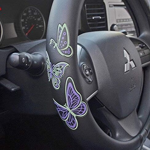 قبضة مريحة من BDK GripGrab - فراشات أرجوانية وخضراء على غطاء عجلة القيادة من الجلد الصناعي الأسود مقاس 15 بوصة in Kuwait