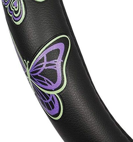 قبضة مريحة من BDK GripGrab - فراشات أرجوانية وخضراء على غطاء عجلة القيادة من الجلد الصناعي الأسود مقاس 15 بوصة in Kuwait