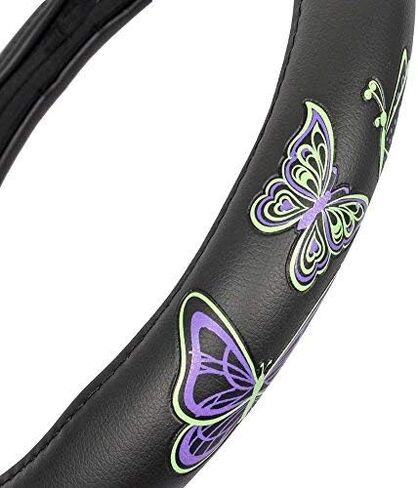 قبضة مريحة من BDK GripGrab - فراشات أرجوانية وخضراء على غطاء عجلة القيادة من الجلد الصناعي الأسود مقاس 15 بوصة in Kuwait