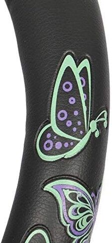 قبضة مريحة من BDK GripGrab - فراشات أرجوانية وخضراء على غطاء عجلة القيادة من الجلد الصناعي الأسود مقاس 15 بوصة in Kuwait