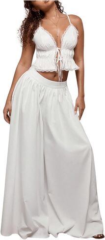 SHENHE Women's Y2K Babydoll Top Lace Trim Tie Front Deep V Ruffle Cute Crop Top Tank in Saudi Arabia