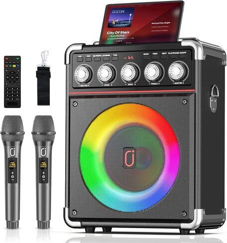 Karaoke Machine for Adults Kids, Portable Outdoor Bluetooth Speaker with 2 Wireless UHF Microphones Supports PA System,Remote Control, DJ Light, TF Card/USB/AUX/, TWS, Bass/Treble for Party TX05 in Kuwait