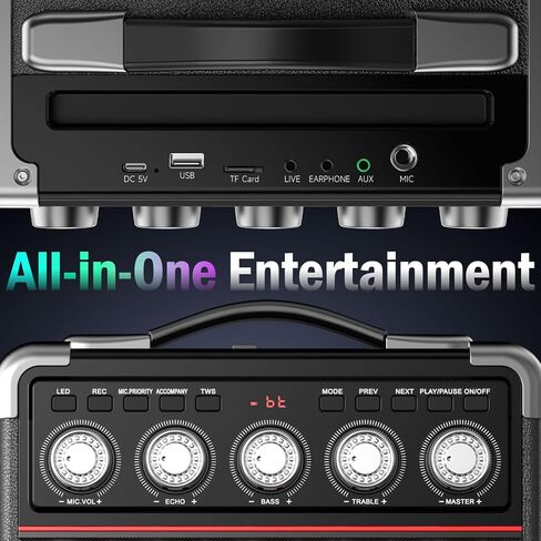 Karaoke Machine for Adults Kids, Portable Outdoor Bluetooth Speaker with 2 Wireless UHF Microphones Supports PA System,Remote Control, DJ Light, TF Card/USB/AUX/, TWS, Bass/Treble for Party TX05 in Kuwait