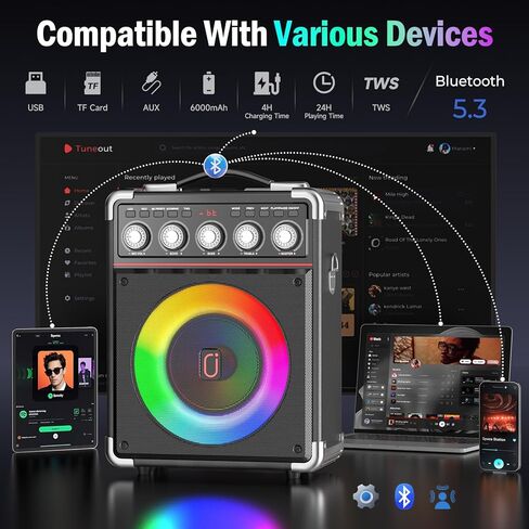 Karaoke Machine for Adults Kids, Portable Outdoor Bluetooth Speaker with 2 Wireless UHF Microphones Supports PA System,Remote Control, DJ Light, TF Card/USB/AUX/, TWS, Bass/Treble for Party TX05 in Kuwait