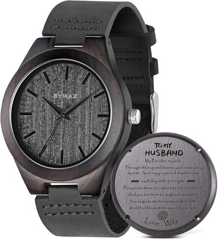 BYMAX Wooden Watch with Black Leather Strap, Unique Wood Pattern Dial in Saudi Arabia