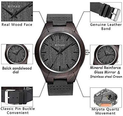 BYMAX Wooden Watch with Black Leather Strap, Unique Wood Pattern Dial in Saudi Arabia