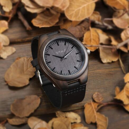 BYMAX Wooden Watch with Black Leather Strap, Unique Wood Pattern Dial in Saudi Arabia