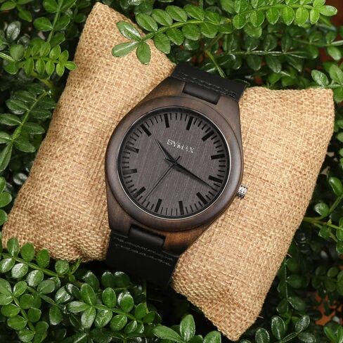 BYMAX Wooden Watch with Black Leather Strap, Unique Wood Pattern Dial in Saudi Arabia