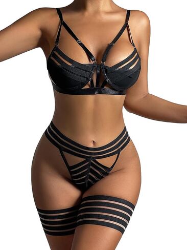 Milumia النساء انقطاع حلقة مرتبطة حزام الرباط الساق حلقة الملابس الداخلية مجموعة الأسود Strappy متوسطة in Saudi Arabia