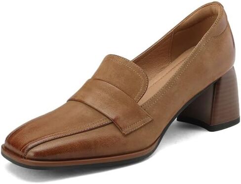 TinaCus Women's Square Toe Genuine Leather Handmade Mid Chunky Heels Slip On Vintage Pumps Shoes in Kuwait